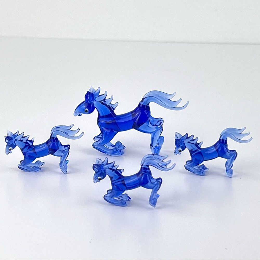 Vintage Blue Horse Art Glass Figurine Hand Blown Murano Style Set Of 4